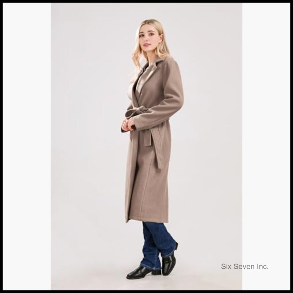 Long Wool Pea Coat with Notched Collar and Belt, Woolen Blend Trench - Picture 3 of 7